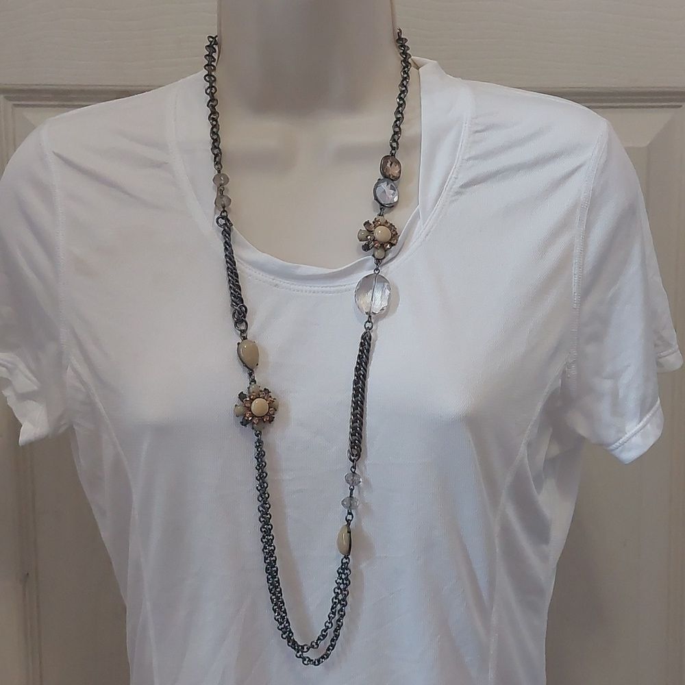 Extra Long Station Style Statement Necklace Mixed Media